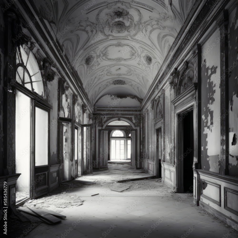 black and white interior of an abandoned black and white mansion urbex Generative AI black and white interior of an abandoned black and white mansion urbex Generative AI