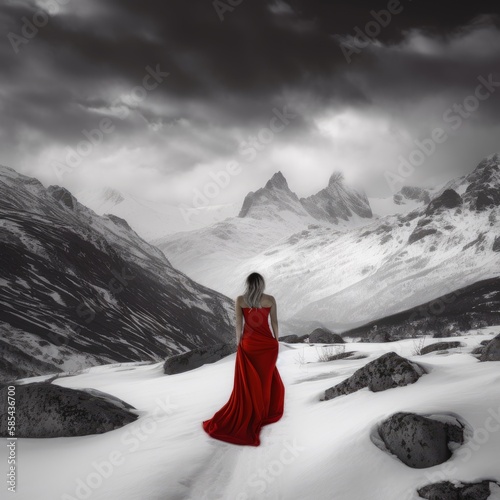 woman in a red dress in a black and white landscape Generative AI 