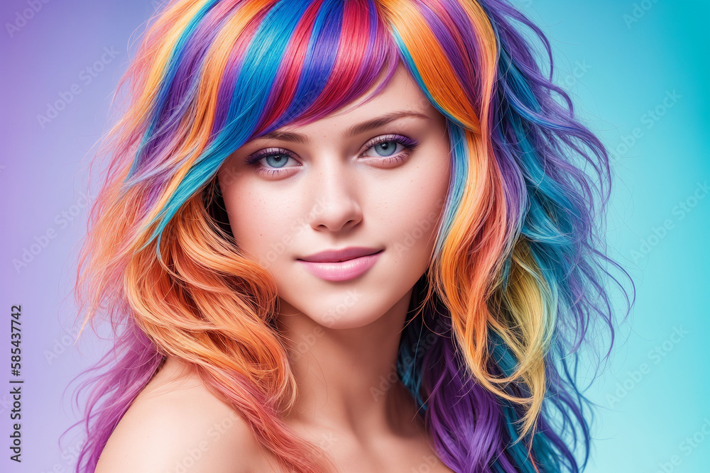 Portrait of a beautiful woman with bare shoulders and hair dyed with multi-colored strands. Generative AI Portrait of a beautiful woman with bare shoulders and hair dyed with multi-colored strands. Generative AI