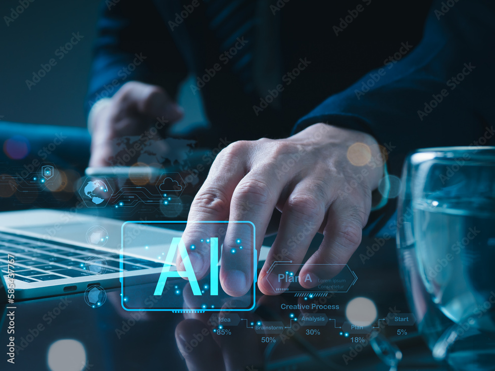 AI learning, and the notion of artificial intelligence used by humans in technology. business, contemporary technology, the internet, and the idea of networking. Artificial intelligence in daily life. AI learning, and the notion of artificial intelligence used by humans in technology. business, contemporary technology, the internet, and the idea of networking. Artificial intelligence in daily life.