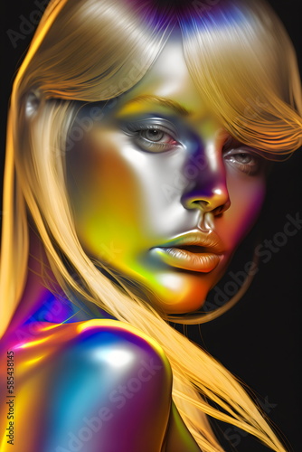 beautiful blonde woman with golden iridescent skin  made with generative ai