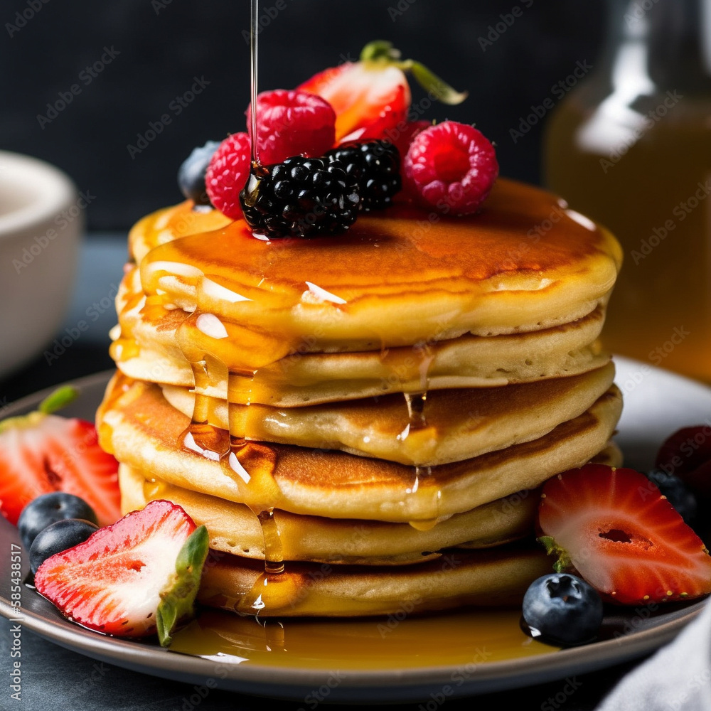 A stack of fluffy pancakes with fresh fruit and maple syrup A stack of fluffy pancakes with fresh fruit and maple syrup