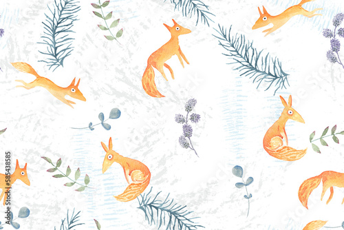 Fox and botanical seamless pattern watercolor.For designing fabrics  wallpaper gift wrapping paper.Seamless background with cute animals and leaves.