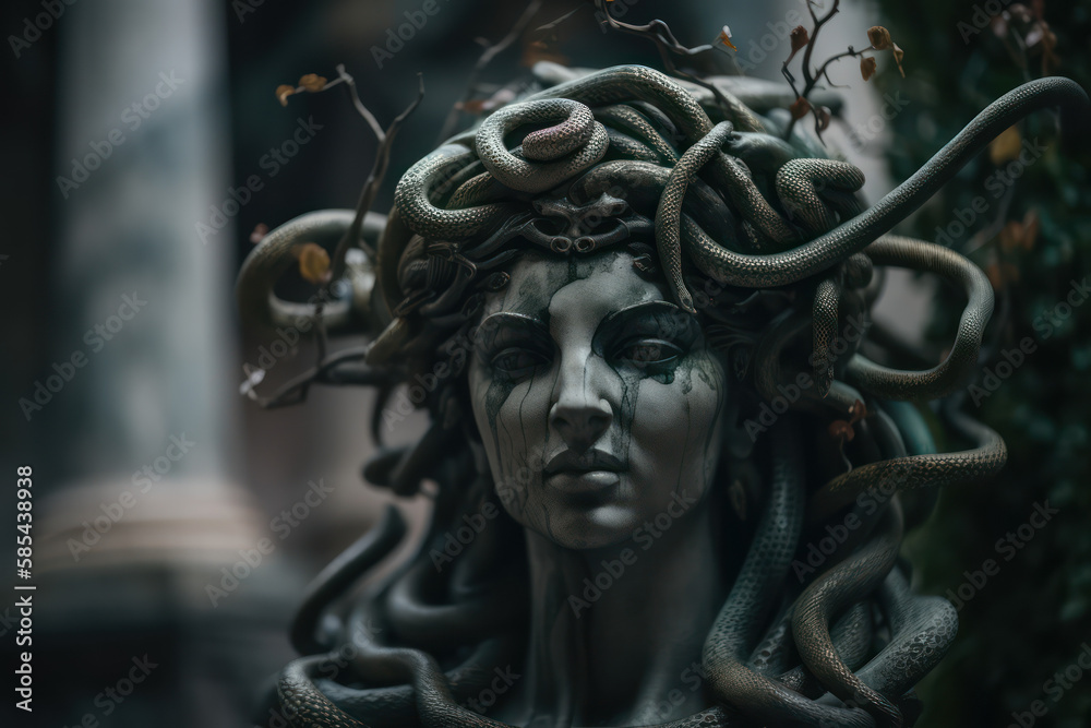A fictional person, Gorgon's Enigmatic Gaze: A Haunting Image of the Mythological Medusa, Generative AI