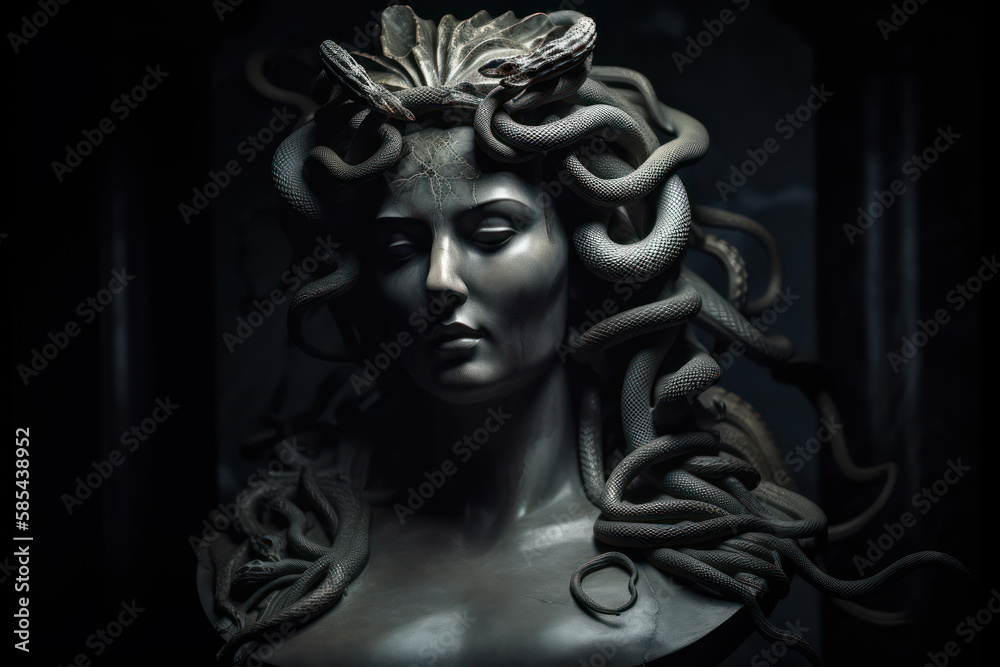 A fictional person, Gorgon's Enigmatic Gaze: A Haunting Image of the Mythological Medusa, Generative AI