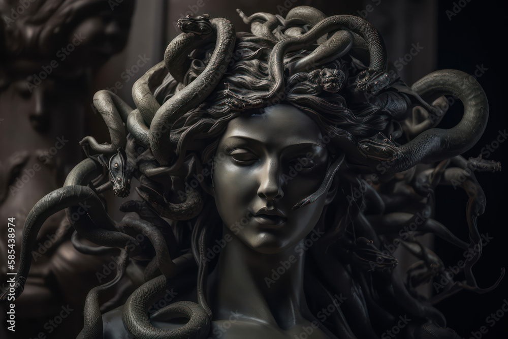 A fictional person, Gorgon's Enigmatic Gaze: A Haunting Image of the Mythological Medusa, Generative AI