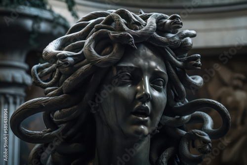 A fictional person, Gorgon's Enigmatic Gaze: A Haunting Image of the Mythological Medusa, Generative AI