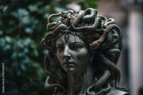 A fictional person, Gorgon's Enigmatic Gaze: A Haunting Image of the Mythological Medusa, Generative AI © Kaare