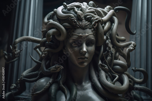 A fictional person, Gorgon's Enigmatic Gaze: A Haunting Image of the Mythological Medusa, Generative AI