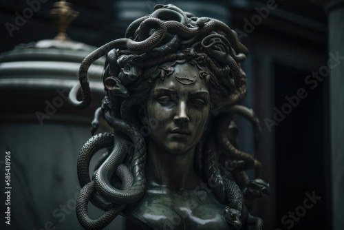 A fictional person, Gorgon's Enigmatic Gaze: A Haunting Image of the Mythological Medusa, Generative AI