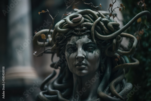 A fictional person, Gorgon's Enigmatic Gaze: A Haunting Image of the Mythological Medusa, Generative AI