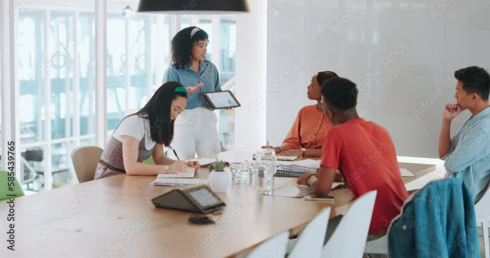 Presentation, tablet and planning with business people in meeting for review, agenda and branding idea. Marketing strategy, logo and coaching with employee in startup for vision, creative and data