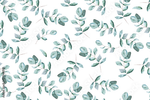 Seamless pattern of eucalyptus leaves drawn with watercolor on a white background.For the design of fabric patterns and natural style wallpapers.Tropical leaf pattern plant species.