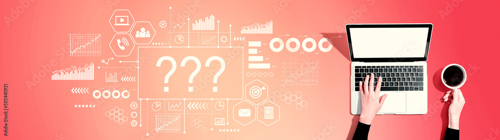 Question marks with person using a laptop computer Question marks with person using a laptop computer