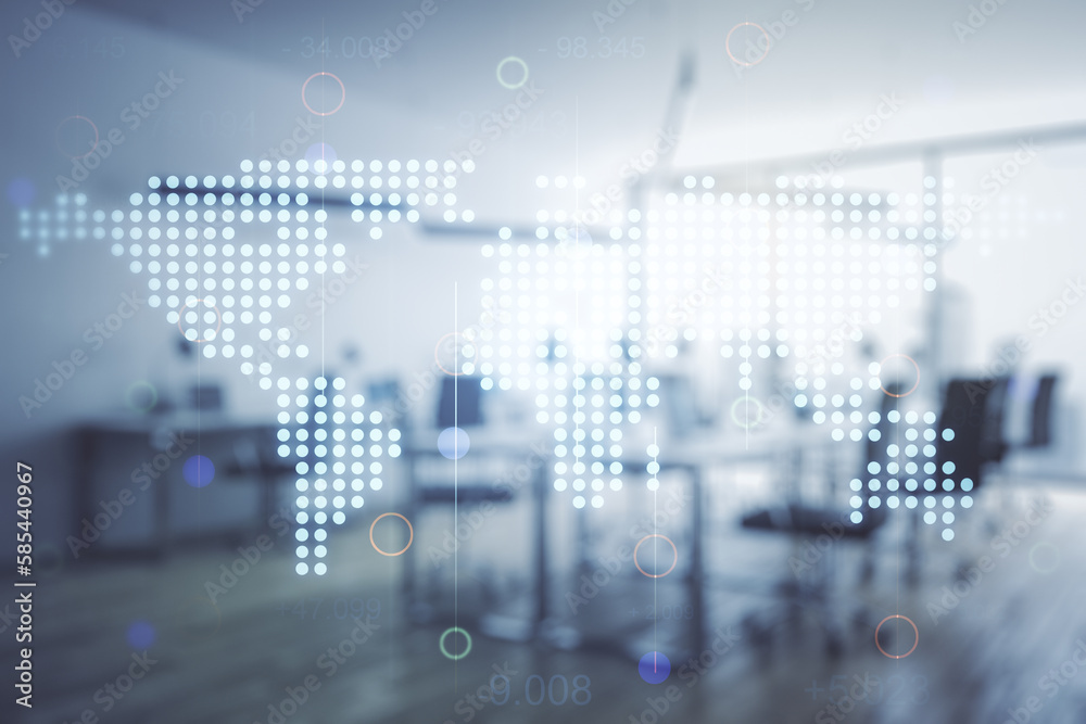 Multi exposure of abstract graphic world map on a modern furnished classroom background, big data and networking concept Multi exposure of abstract graphic world map on a modern furnished classroom background, big data and networking concept