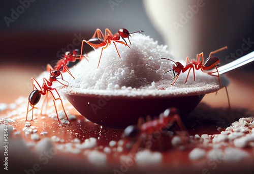 red ants eating sugar over messy table, ant infestation indoors. Generative AI