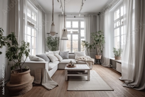 White and gray farmhouse living room with drapes  fabric couch  and rattan flooring. Parquet. Retro interiors . Generative AI