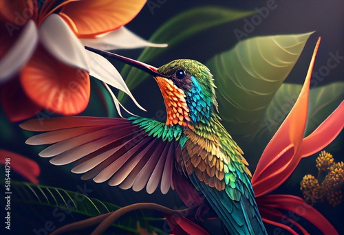 exotic colibri, hummingbird on a flower, tropic garden with beautiful multicolor bird, digital illustration. Generative AI
