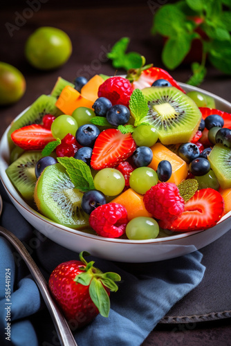 A colourful fruit salad with fresh berries and sliced       kiwi