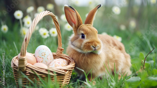 Lovely bunny easter fluffy baby rabbit eating green grass with a basket full of colorful easter eggs on green garden nature with flowers background on warmimg day. Symbol of easter day festival. photo