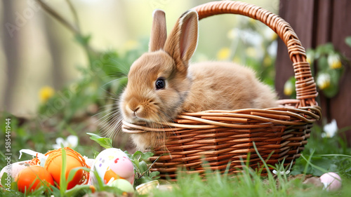 Lovely bunny easter fluffy baby rabbit eating green grass with a basket full of colorful easter eggs on green garden nature with flowers background on warmimg day. Symbol of easter day festival. photo