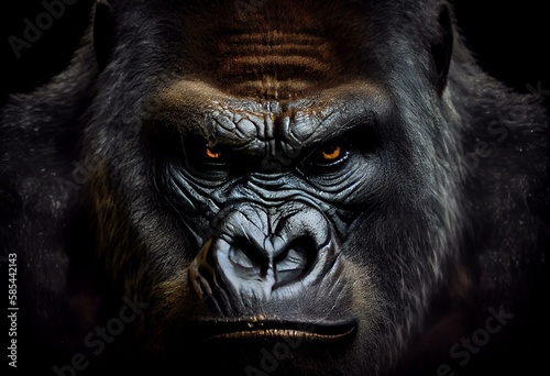 Angry gorilla face closeup. Generative AI photo