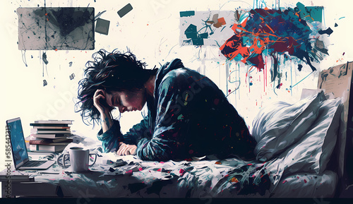 Person with depression, their head down in a messy room illustration, Generative AI