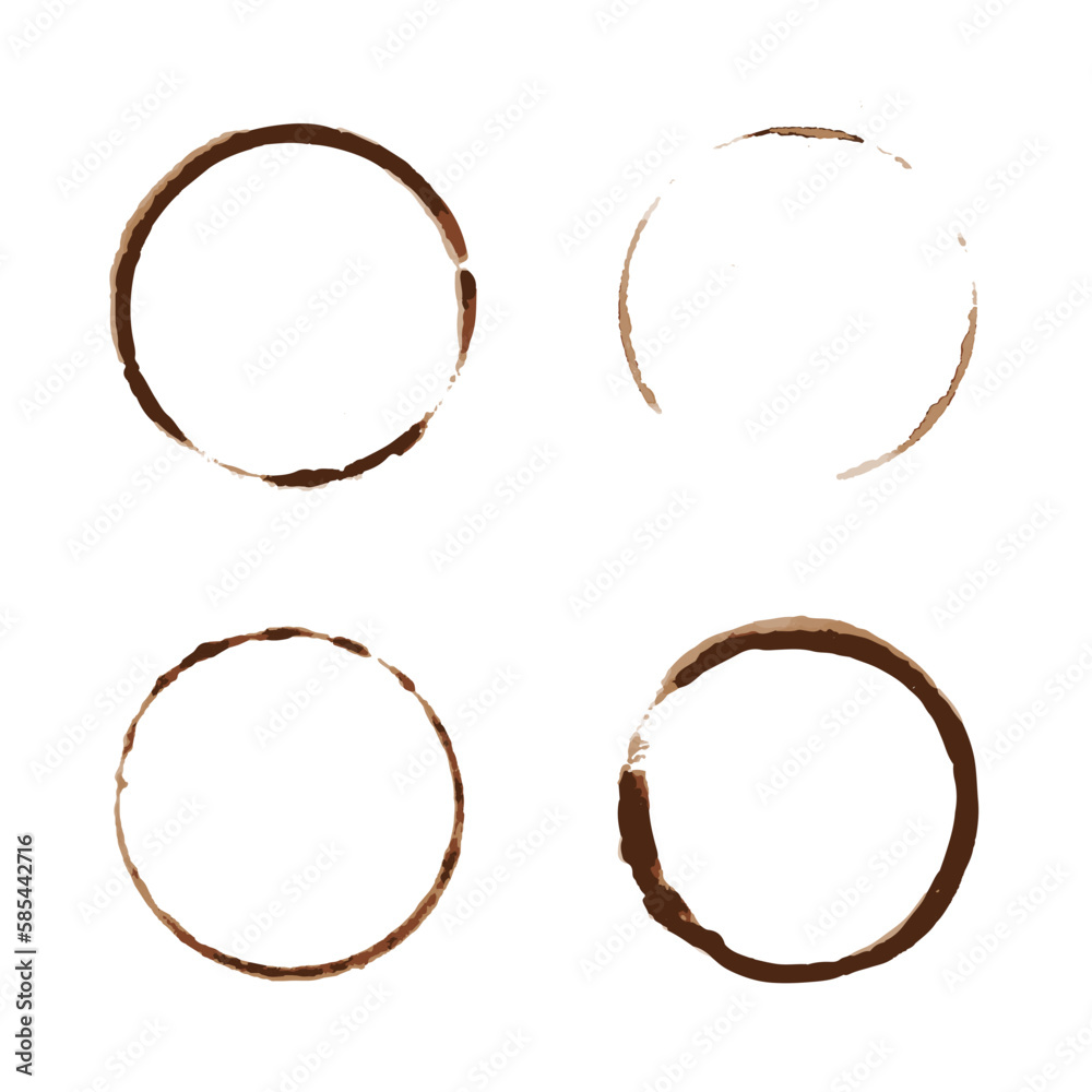 Vector coffee stain set isolated on white background. Cup ring splashes and circle drink marks. Brown dirty mug stains. Coffee grunge texture Vector coffee stain set isolated on white background. Cup ring splashes and circle drink marks. Brown dirty mug stains. Coffee grunge texture