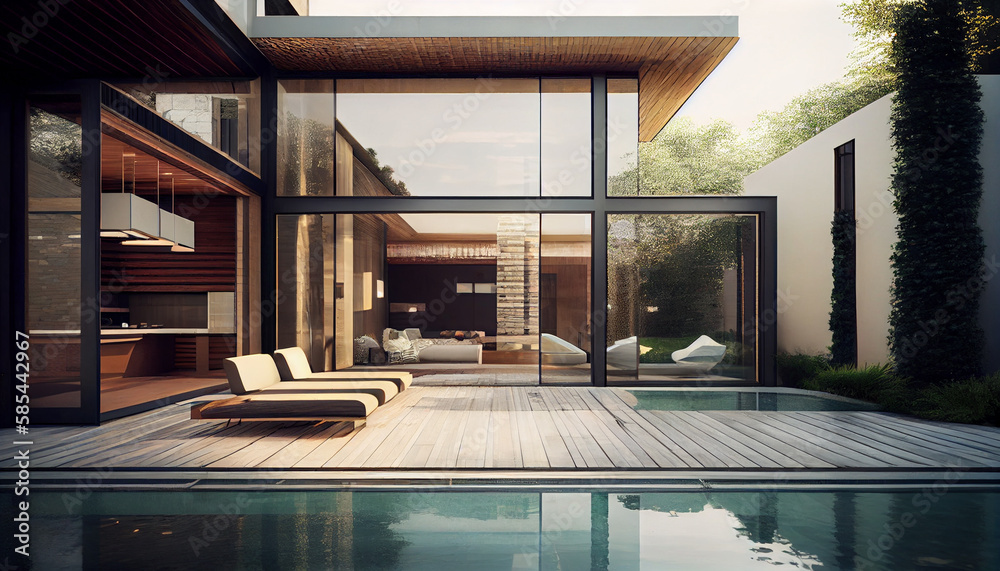 Photo & Art Print Modern villa with pool and deck with interior ...