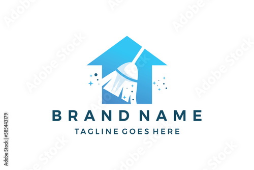 Cleaning house logo design with broom sweeper vector template