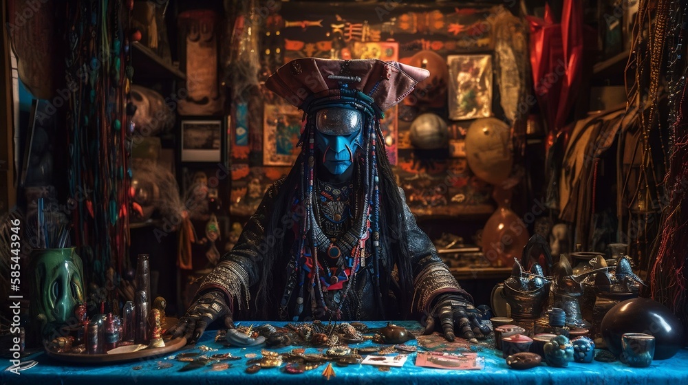 (fictional person) futuristic voodoo cyberpunk shaman medicine man in his shop, generative ai