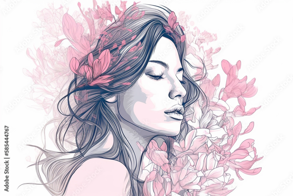 Fototapeta premium Beautiful woman in pink flowers, Generative AI