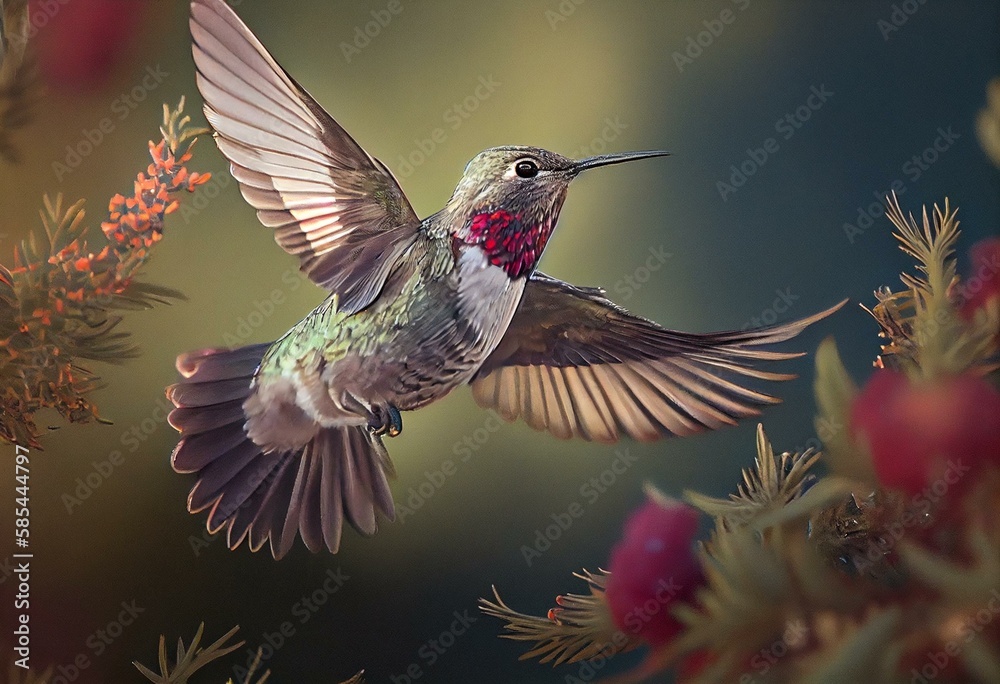 Fototapeta premium Anna's Hummingbird adult male hovering and sipping nectar. Santa Cruz, California, USA. Generative AI
