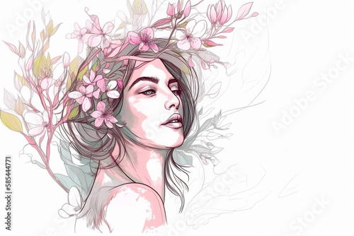 Image of an attractive woman with flowering branches in her hair, Generative AI