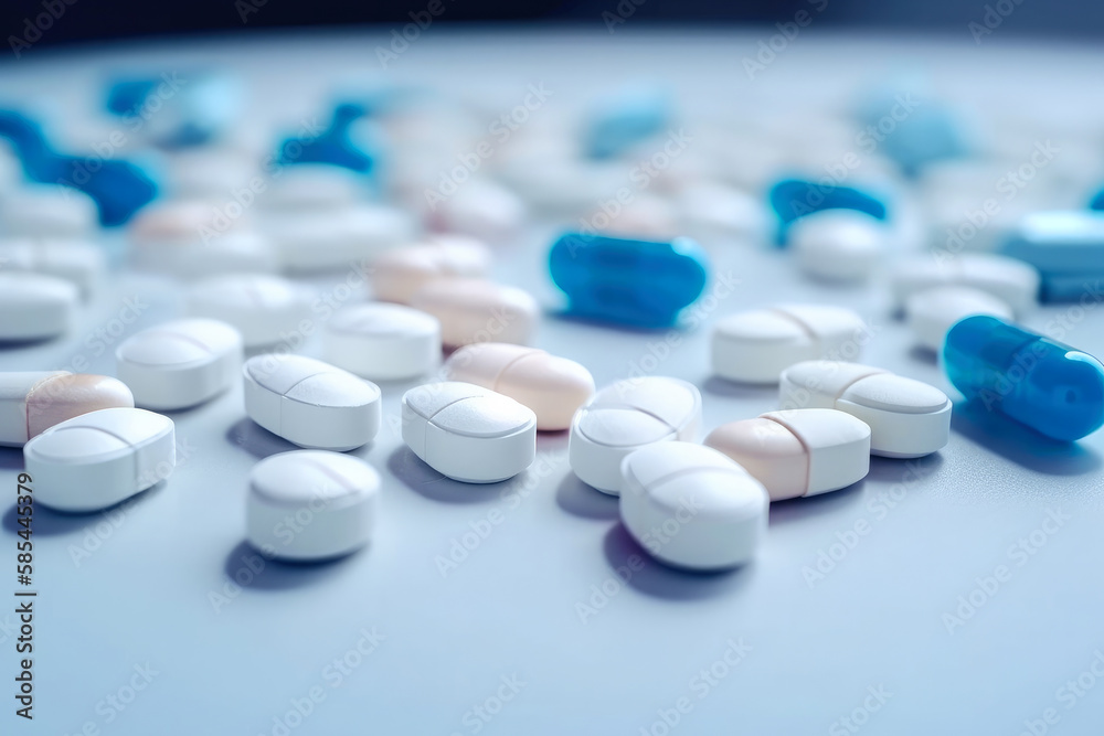 selective focus on blue-white capsule pill fall down to white table. Antibiotic drug. Ai generative selective focus on blue-white capsule pill fall down to white table. Antibiotic drug. Ai generative
