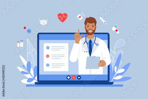 Online doctor. Online Online doctor. Online medical consultation, advi, advice, support service. Physician conducts diagnostics over the Internet. Man in white coat with stethoscope on laptop screen. 