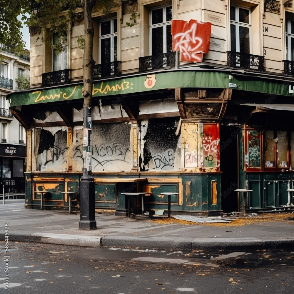 Fototapeta premium French cafe restaurant destroyed - AI Generative
