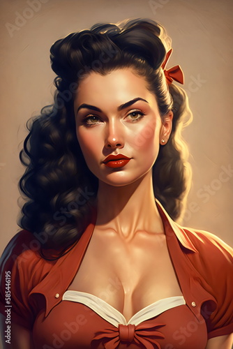 illustration of beautiful 1940s pinup model with black hair, made with generative ai photo