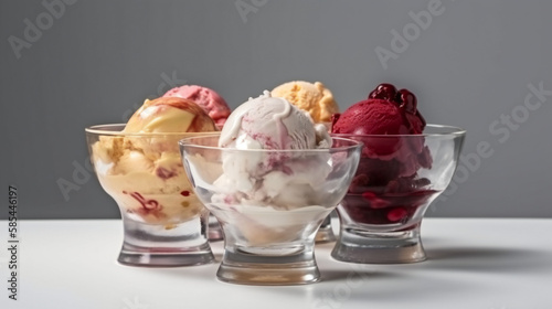 Delicious ice cream in glass bowls. Soft focus. Generative AI