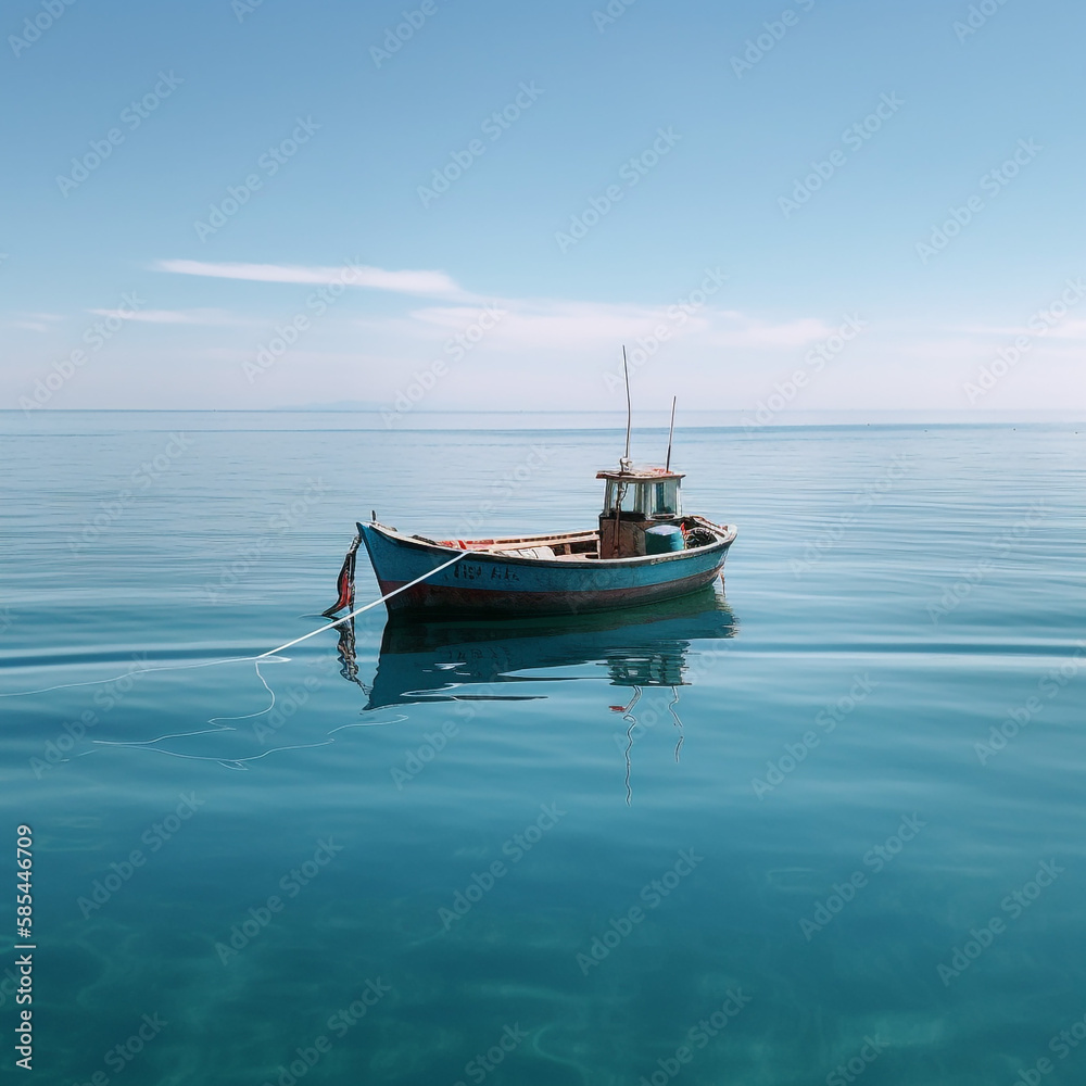 Lonely boat on a calm sea - AI Generative