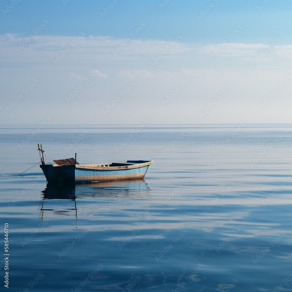 Fototapeta premium Lonely boat on a calm sea - AI Generative