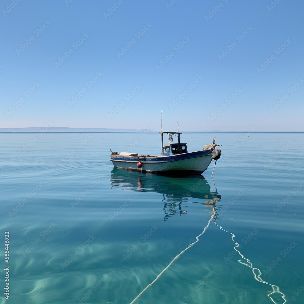 Lonely boat on a calm sea - AI Generative