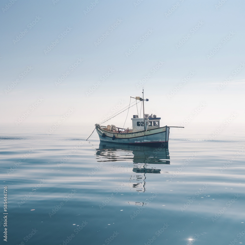 Lonely boat on a calm sea - AI Generative Lonely boat on a calm sea - AI Generative