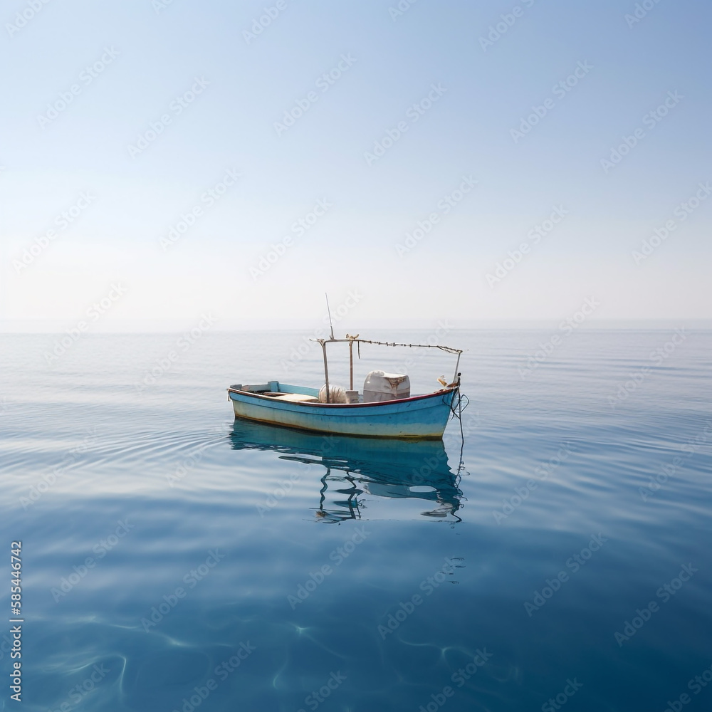 Fototapeta premium Lonely boat on a calm sea - AI Generative