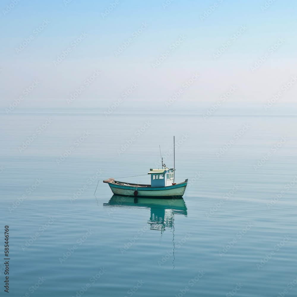 Lonely boat on a calm sea - AI Generative