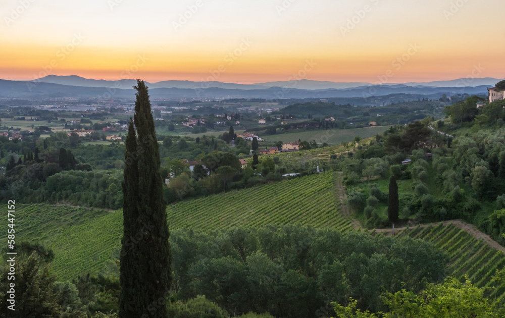 Sunrise in the Tuscan countryside Tuscany landscape near San Miniato. - Italy