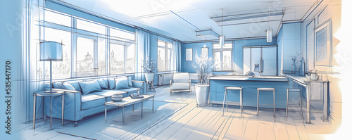 Sketch and Blueprint, bright interior of a new apartment, hand drawn illustration, Generative AI © PaputekWallArt