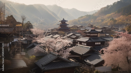 Ancient Japanese village sky-view - AI Generative