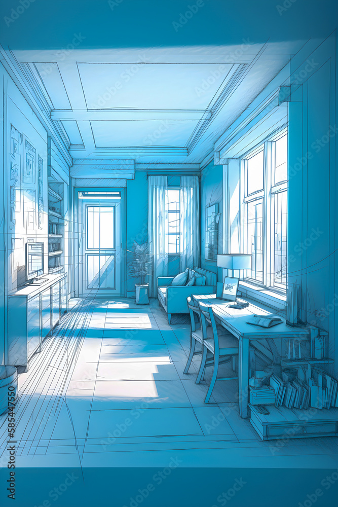 Sketch and Blueprint, bright interior of a new apartment, hand drawn illustration, Generative AI Sketch and Blueprint, bright interior of a new apartment, hand drawn illustration, Generative AI