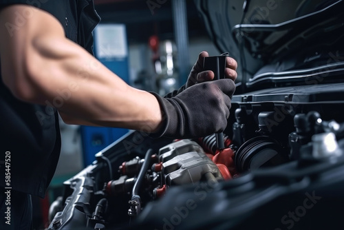 Professional mechanic working on the engine of the car . ai generative © ZoomTeam